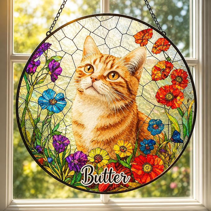 Personalized Vintage Cat Stained Glass Suncatcher - Custom Photo Name Round Window Hanging Panel Portrait Plaque Feline Pet Decor Christmas Birthday Gift for Cat Lovers