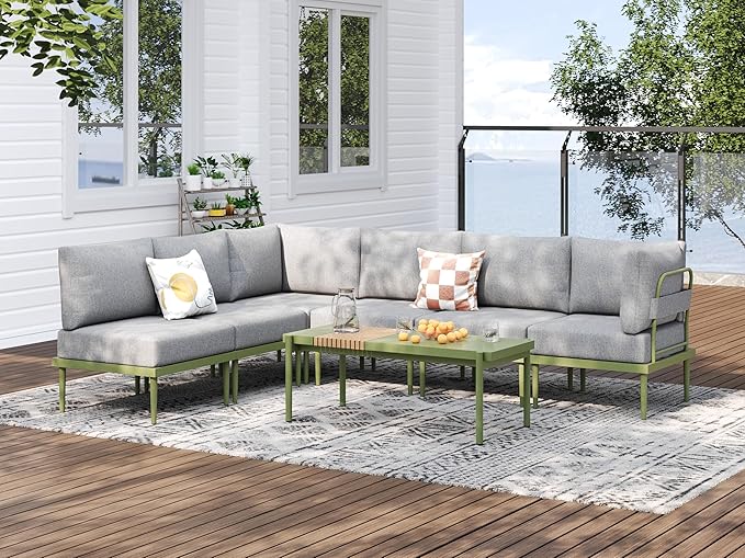 Metal Patio Furniture Set, 7 Pieces Outdoor Sectional Couch Sets with Coffee Table & Washable Thick Cushion, Outdoor Corner Sofa Set for Deck, Patio, Backyard (Gray/Green)
