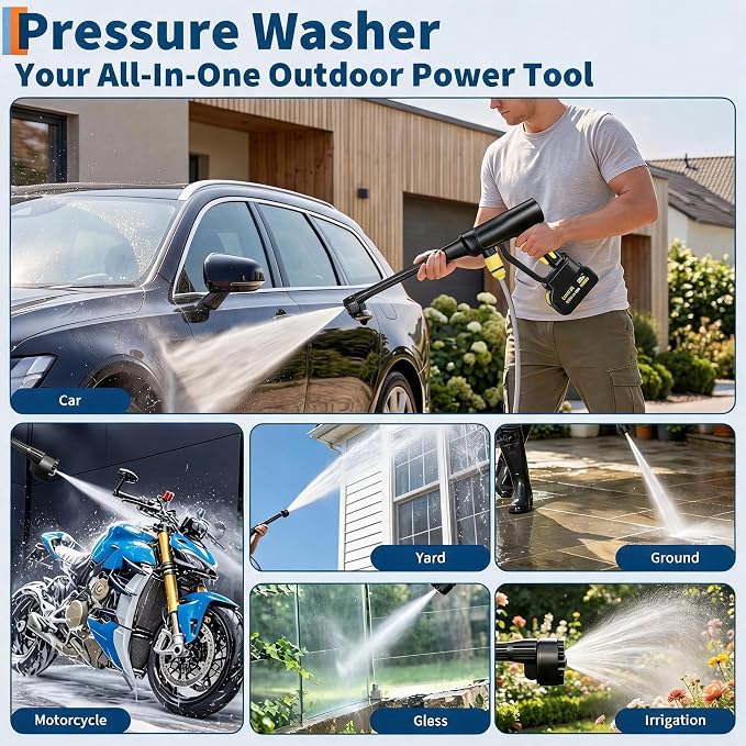 20V Cordless Pressure Washer, 320 PSI 2.5 GPM Portable Power Cleaner with 4.0Ah Battery, 6-in-1 Nozzle, 23ft Hose, Foam Cannon, for Car Patio Yard Cleaning