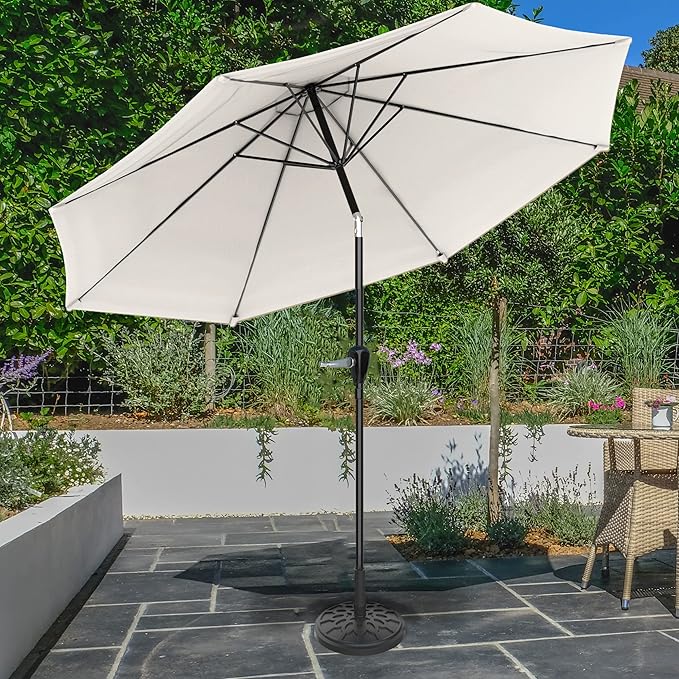 Pure Garden Patio Umbrella with Auto Tilt - 10ft Easy Crank Sun Shade with 19lb Weighted Base for Deck, Outdoor Furniture, or Pool (Tan)
