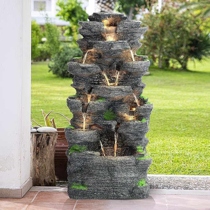 Outdoor/Indoor Water Fountain with LED Lights and Pump, 10-Tiers Cascading Rock Garden Fountains Waterfall, Freestanding Resin Fountain with Natural Stone Look for Patio, Garden, Porch (40" H)