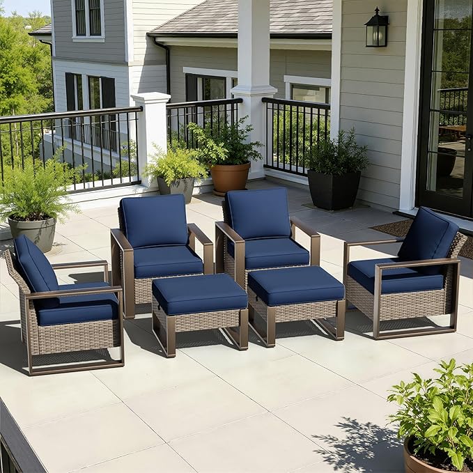 6 Pieces Metal Wicker Patio Furniture Set - Four Armchairs and Two Ottomans, All Weather Rattan Outdoor Conversation Furniture with Washable Cushion for Deck Porch, Dark Blue
