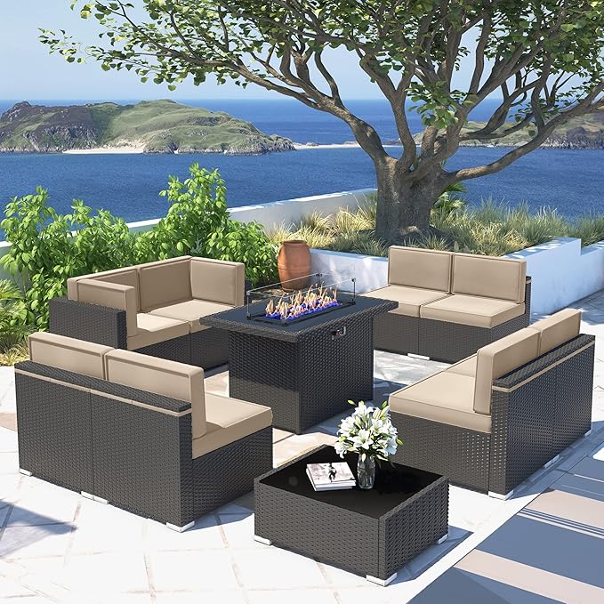 10 Pieces Patio Furniture Set with 44" Propane Gas Fire Pit Table, Outdoor Sectional Wicker Conversation Sofa Sets with Coffee Table
