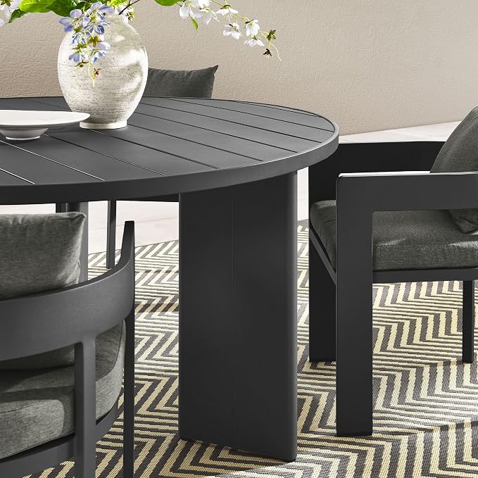 Modway Tahoe Outdoor Patio Powder-Coated Aluminum 5-Piece Dining Set in Gray Charcoal - Round Patio Furniture Set for 4 - Outside Table with Umbrella Hole and Cushioned Chairs - Modern Patio Set