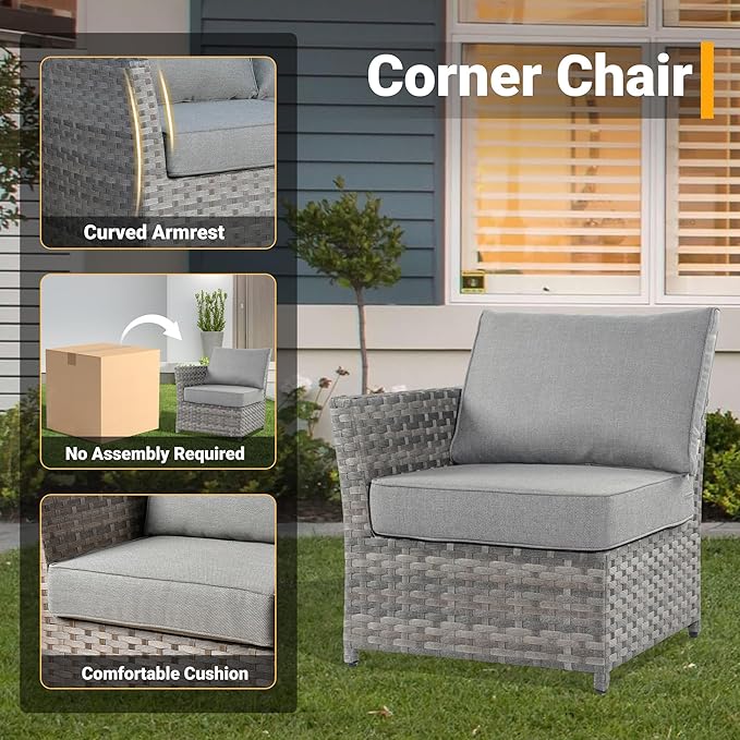 12 Pieces Outdoor Furniture Patio Sectional Sofa Couch Gray PE Wicker Conversation Sets with Ottomans Glass Coffee Table for Garden Poolside Backyard