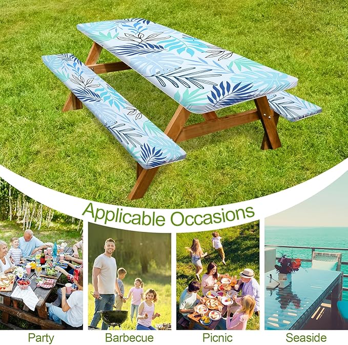 Picnic Table Cover with Bench Covers Camping Essentials Waterproof Windproof Camping Tablecloth with Drawstring Bag, Fitted Rectangle Tables and Seats, 60in, Light Green Blue