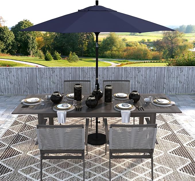 California Umbrella 9' Round Aluminum Market Umbrella, Crank Lift, Push Button Tilt, Black Pole, Navy Blue Olefin