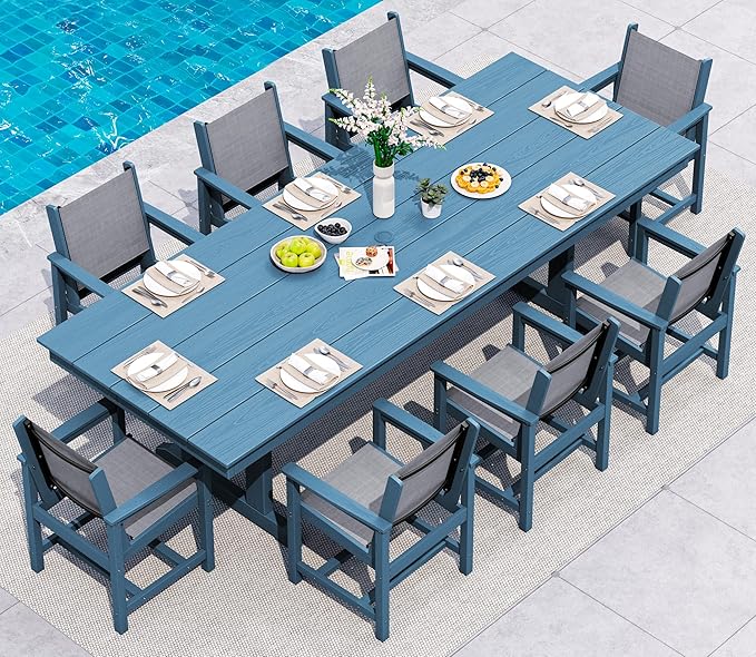 SERWALL Outdoor Dining Chairs Set of 2, All-Weather HDPE Textilene Sling Dining Chair for Backyard, Garden, Blue