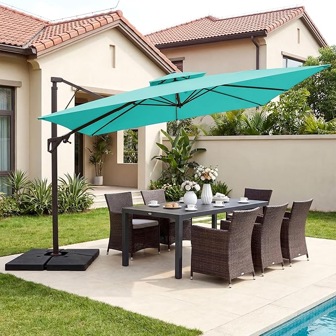 JEAREY 11ft 2-Tier Cantilever Patio Umbrella, Large Square Outdoor Offset Umbrella with Double Top Vent and 360-degree Rotation for Garden, Deck, Pool, Patio, Peacock Blue