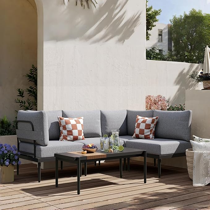 Metal Patio Furniture Set, 4 Pieces Outdoor Sectional Sofa Sets with 6" Thick Cushion, All Weather Modular Outdoor Corner Sofa Set for Balcony, Patio & Courtyard, Gray