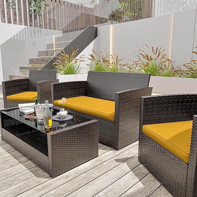 3 Pack Outdoor Patio Seat Cushions Replacement Covers Fit for 4 Pieces 4-Seater Wicker Rattan Patio Conversation Set Loveseat Chair Couch Furniture,36x18x2,18x18x2,Yellow-Cover Only