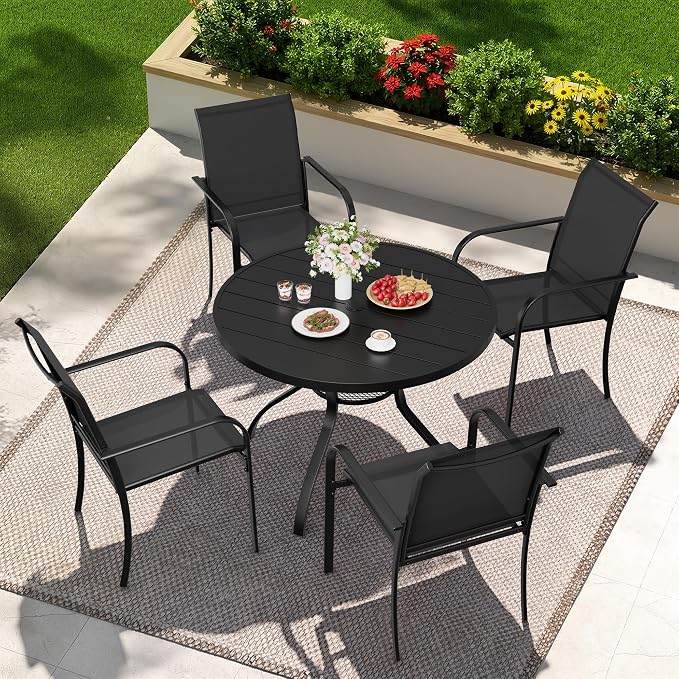 Incbruce 5 PCS Patio Dining Set, Outdoor Dining Set of 4 Textilene Chairs and 41" Round Table with Umbrella Hole for Backyard, Garden, and Poolside (Black)