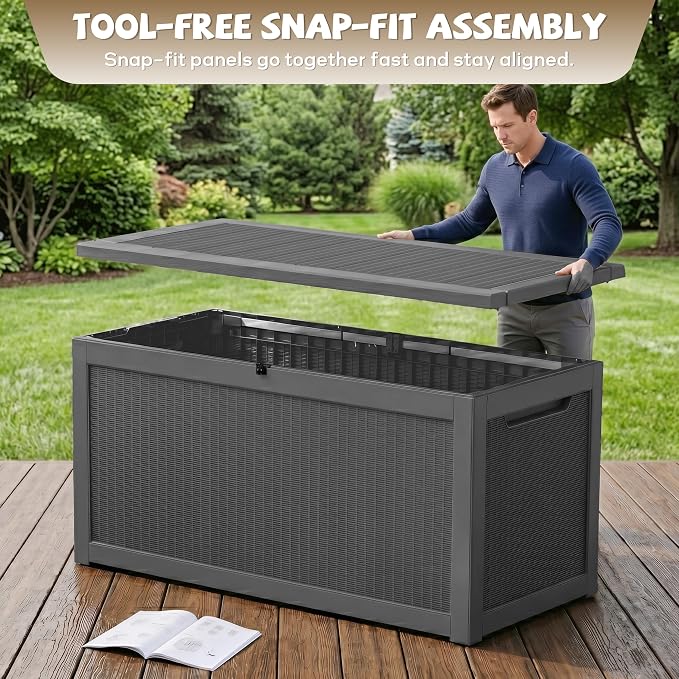 EasyUp 320 Gallon Deck Box, Large Deck Box for Indoor and Outdoor,Waterproof Storage Boxs for Patio Furniture,Garden Tools,Cushions, Lockable and UV Resistant,Easy to Install(Black)