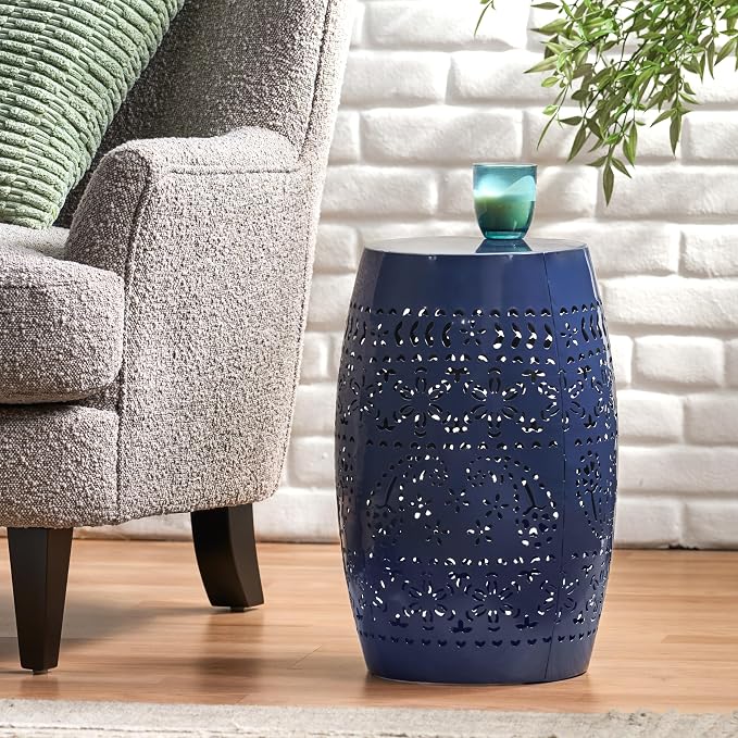 12" Outdoor Side Table, Metal Cutout Drum Side Table, Patio Garden Stool | Coffee End Tables for Small Spaces, Living Room, Backyard, Poolside