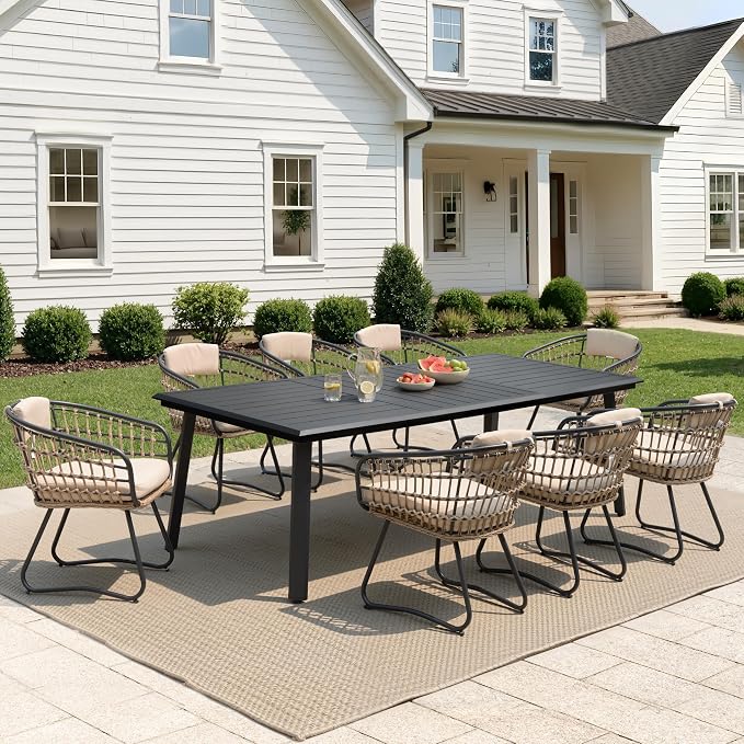 Pellebant 9-piece Outdoor Dining Set for 6-8 Person - Weather-Resistant Patio Dining Furniture Set, 94" Aluminum Outdoor Table with Umbrella Hole, Wicker Chair with Cushion for Deck, Porch, Backyard