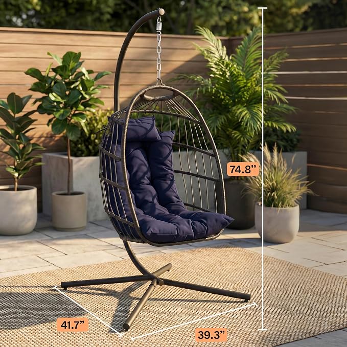 SereneLife Hanging Egg Chair with Stand | Foldable Rattan Wicker Hammock Chair for Patio, Balcony, and Bedroom Use with UV & Weather Resistant Cushion | 350 lb Capacity | 3" Padded Headrest Included
