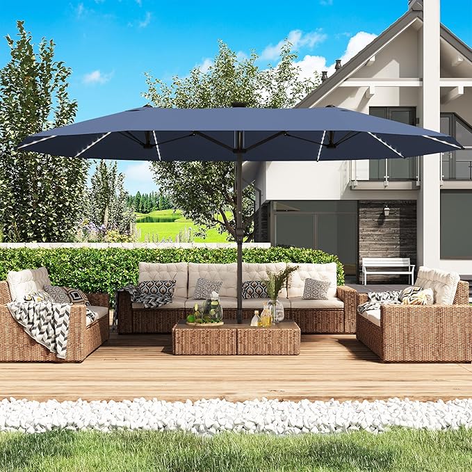 GDPFN 15ft Large Patio Umbrella with Solar Lights, Outdoor Double-Side Rectangular Umbrella, Backyard Pool Umbrella with LED Light for Deck, Outside, Market, Navy (Base Not Include)