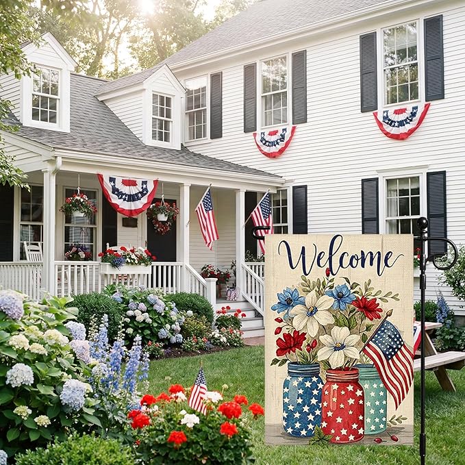 OTOSTAR Welcome Patriotic America 4th of July Garden Flag 12x18 Inch Double Sided Red White Blue Stars and Stripes Yard Outdoor Decorative Independence Day Memorial Day Garden Flag (Vase)