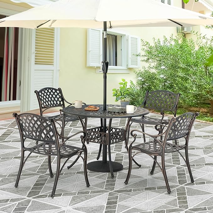 NUU GARDEN Outdoor 5-Piece Patio Dining Set, 4 Patio Chairs and 42'' Round Dining Table with 2.24" Umbrella Hole, Cast Aluminum Frame, for Patio, Deck, Garden, Backyard, Balcony, Antique Bronze