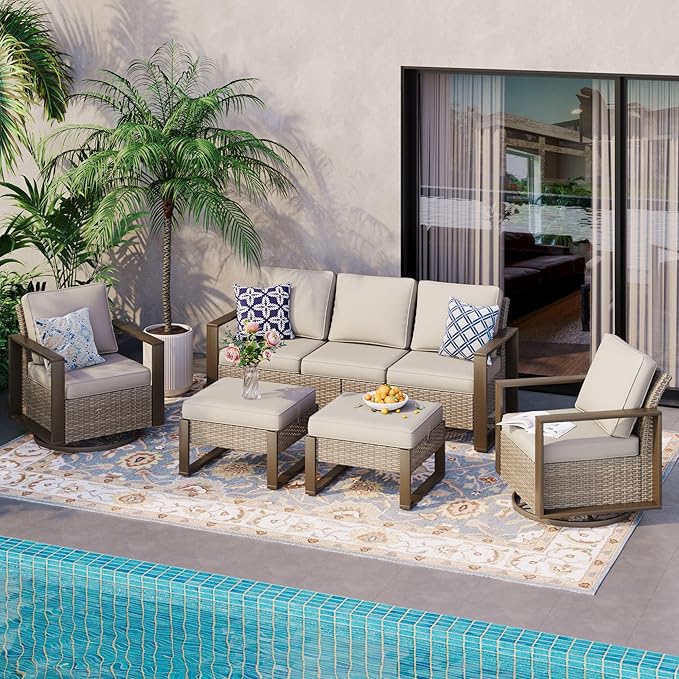 5 Pieces Metal Wicker Patio Furniture Set with 75" Sofa, Two Swivel Chairs and Two Ottomans, All Weather Rattan Outdoor Conversation Furniture with Washable Cushions for Porch, Beige