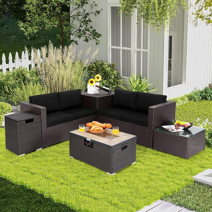 Tangkula 6 Pieces Patio Wicker Furniture Set with 32 Inches Propane Fire Pit Table and Tank Holder, Outdoor Conversation Set with Storage Box and Coffee Table, 2 Waterproof Covers Included (Black)