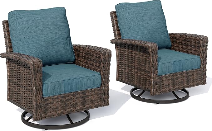 HERA'S HOUSE Outdoor Swivel Chairs Set of 2 with 5.5" Thick Cushions, High Back Patio Furniture, Oversized Wicker Rattan Chairs for Deck Balcony Backyard, Blue
