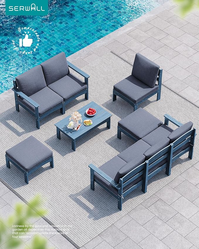 SERWALL 9 Pieces Patio Conversation Set, All-Weather HDPE Outdoor Sectional Sofas with Removable Cushions and Coffee Table, Extra-Large Modular Furniture Set for Backyard, Blue Frame with Grey Cushion