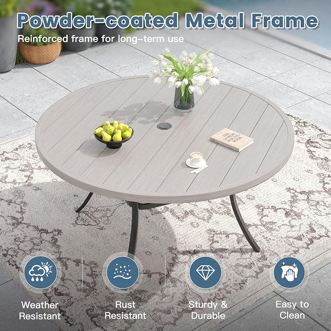 DIFY Patio Round Dining Table, 53" All Weather Round Outdoor Table with 1.57" Umbrella Hole for 8 Person, Perfect for Yard, Balcony and Lawn, Grey Wood-Like