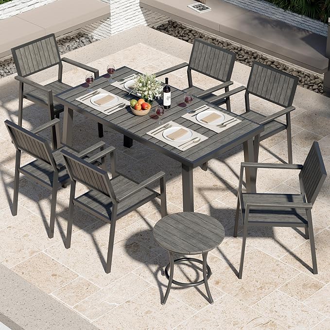8-Piece Patio Dining Set,Aluminum Outdoor Furniture Set with Wood Table Top,Patio Table and Chairs Set with 6 Outdoor Stackable Chairs for Patio Garden Poolside,Ink