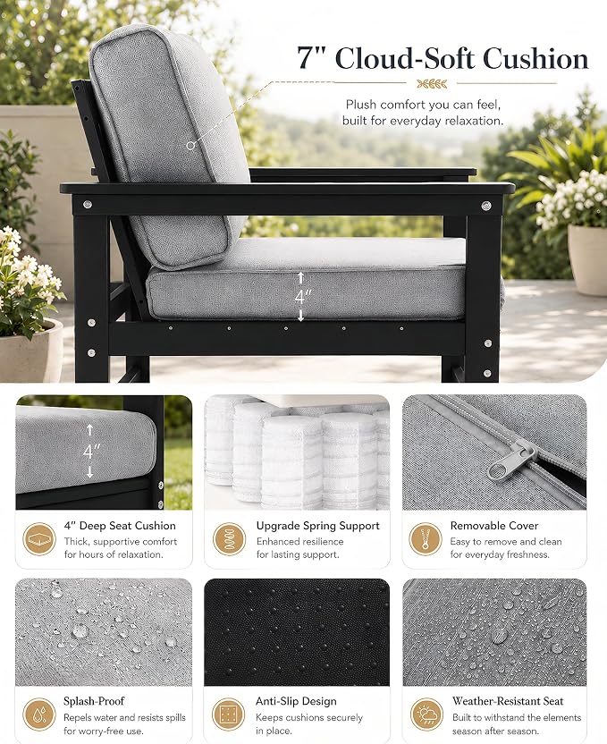 HDPE Outdoor Patio Furniture Set with Cushions, 7 Piece Patio Conversation Set Sofa Set,All Weather Outdoor Couch Set with Coffee Table for Lawn, Garden, Deck