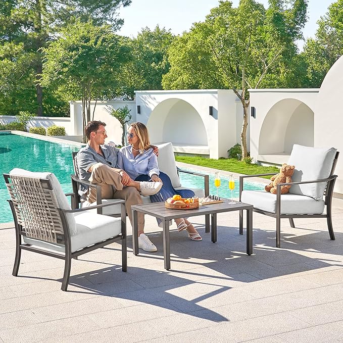NATURAL EXPRESSIONS 4 Pieces Patio Furniture Sets,Modern Metal Outdoor Conversation Sets with All Weather Hand-Woven Rope Chairs,High Back Frame,Metal Table, 6" Thick Olefin Cushions for Yard,Garden