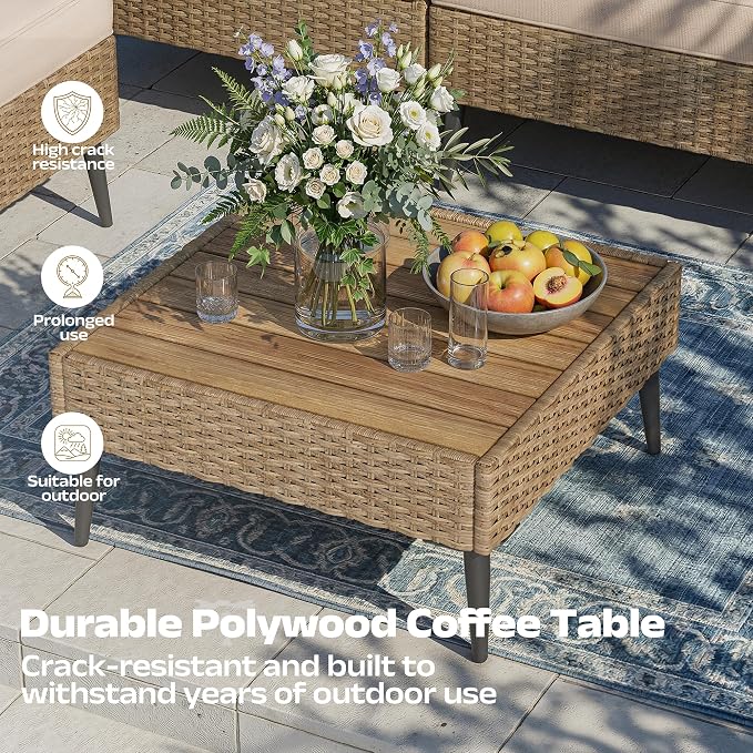 Outdoor Patio Furniture Sets,7 Pieces Outdoor Sectional Sofa PE Rattan Patio Conversation Sets with Composite Wood Coffee Table Resistant Thick Cushions Outdoor Sectional Furniture (Khaki)