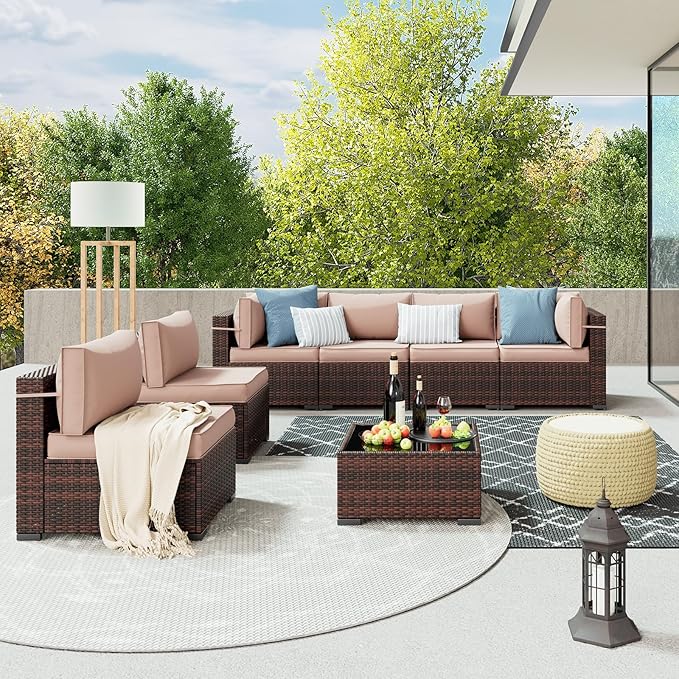 Amopatio Outdoor Patio Furniture Set 7 Pieces Patio Conversation Set Sectional Couch Sofa with All-Weather Cover, Glass Table & Thicken Cushion Fits Garden Yard Porch