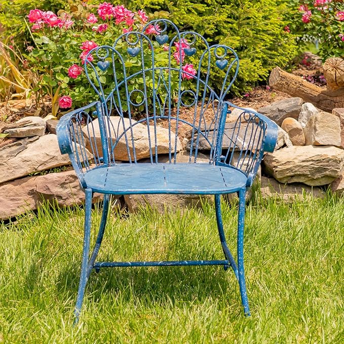 Zaer Ltd. Vintage Style Metal Patio Furniture with Heart Design Accents, Outdoor/Indoor Decor (Vintage Blue, Set of 3 (Bench, Table, Chair))