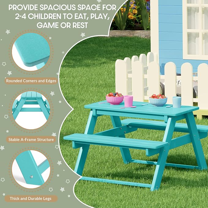 WestinTrends Malibu Outdoor Patio and Indoor Kids HDPE Plastic Picnic Bench Table, Turquoise