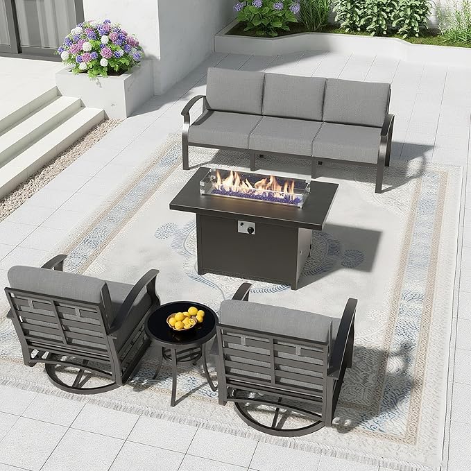Aluminum Patio Furniture Set with 55,000 BTU Propane Fire Pit Table,5 Seats Metal Modern Outdoor Furniture w/5.1" Cushions,Patio Sectional w/Swivel Chairs for Backyard,Patio,Grey