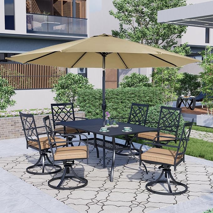 Oakcloud 7-Piece Metal Outdoor Furniture Patio Dining Set with Brown Umbrella, 6 Metal Swivel Chairs and Rectangle Dining Table with Umbrella Hole