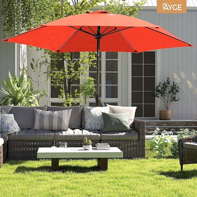 Ayge 7.5FT Large Outdoor Patio Umbrella Market Table Umbrella-UV Resistant, Easy Push Button Tilt and Crank, 6 Sturdy Fiberglass Ribs Heavy-Duty Pool Umbrella for Deck, Backyard,Garden, Yard,Orange