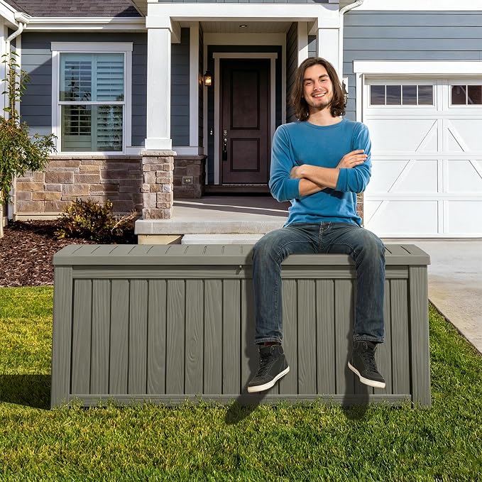 Fancyango 200 Gallon Outdoor Deck Box Waterproof, Large Storage Box for Patio, Resin Storage Bench Lockable for Garden Tools, Package Delivery, Grey