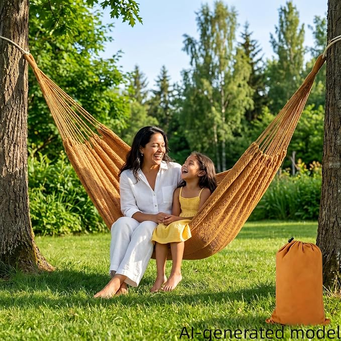 Mayan Style Handwoven Hammock with Carry Bag, 2 Person Cotton Nylon Rope Hammock, 500 lb Capacity for Camping, Backyard, Patio, Porch, Indoor Outdoor Use
