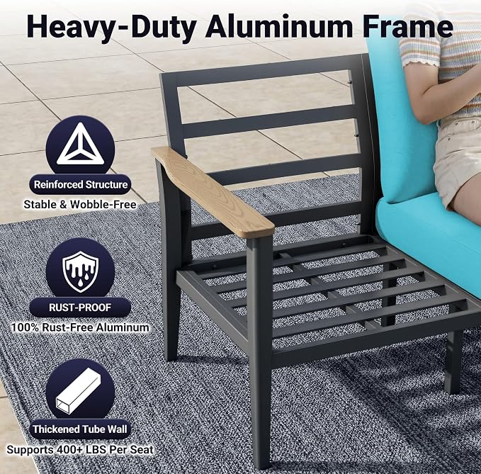 Aluminum Outdoor Patio Furniture Set, 10-Piece Sectional Sofa with 5.1" Thick Cushions, 4 Swivel Rocking Chairs, 55,000 BTU Propane Fire Pit Table, Outdoor Couch for Backyard, Deck, Blue
