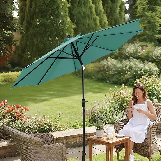 9FT Outdoor Patio Umbrella with Crank Lift & Auto Tilt - Market Umbrella, 8 Heavy-Duty Ribs, UV Resistant & Water-Repellent for Garden, Deck, Poolside & Backyard