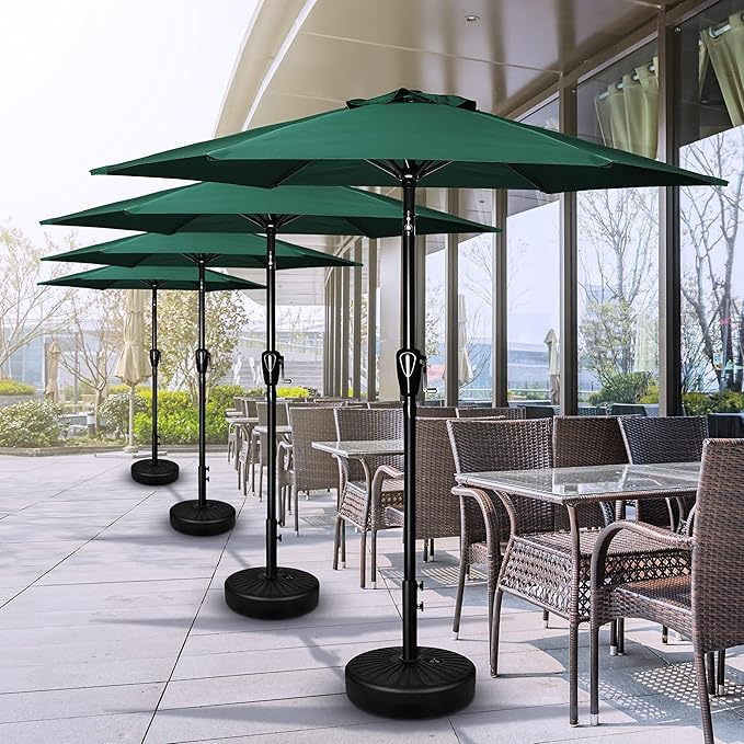 Simple Deluxe 7.5' Patio Umbrella with 20 Inch 50lbs Capacity Fillable Round Base, 6 Sturdy Ribs with Push Button Tilt/Crank for Garden, Deck, Backyard, Pool, Green and Black