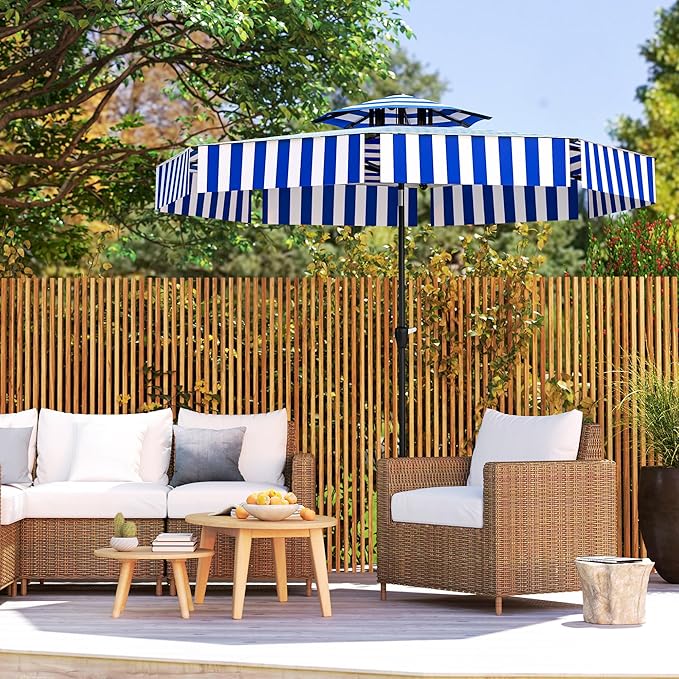 Outsunny 8.6FT Patio Umbrella, UPF 30+ Outdoor Market Umbrella, 2-Tier Vented Patio Table Umbrella with Crank 8 Ribs, Tiltable Porch Umbrella for Garden Deck Poolside, Navy Blue