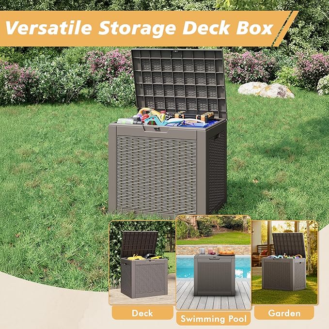 Fancyango 31 Gallon Outdoor Deck Box Waterproof, Storage Box for Patio, Resin Storage Bench Lockable for Garden Tools, Package Delivery, Grey
