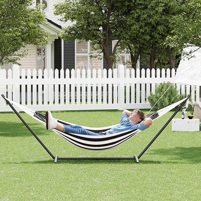 GAOMON Double Hammock with Steel Stand for Outside, Portable Space Saving, for Indoor Outdoor Patio w/Carrying Bag, 450 lbs Capacity - Black&White Stripes