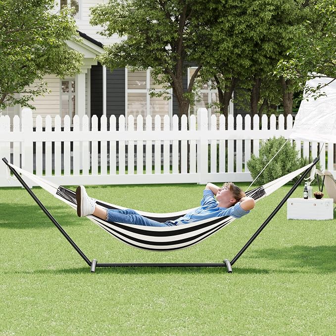 Hammock with Stand for Outside, Upgraded Carrying Case,Easy Assembly, Portable Space Saving Heavy-Duty Steel Frame,Perfect for Outdoor & Indoor,Black