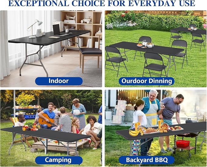 8FT Black Folding Table for Outdoor, 8 Foot Picnic Tables No Assembly Required Portable, Black Foldable Table for Camping, Parties, Meeting, Events, Wedding, BBQ, with Carrying Handle