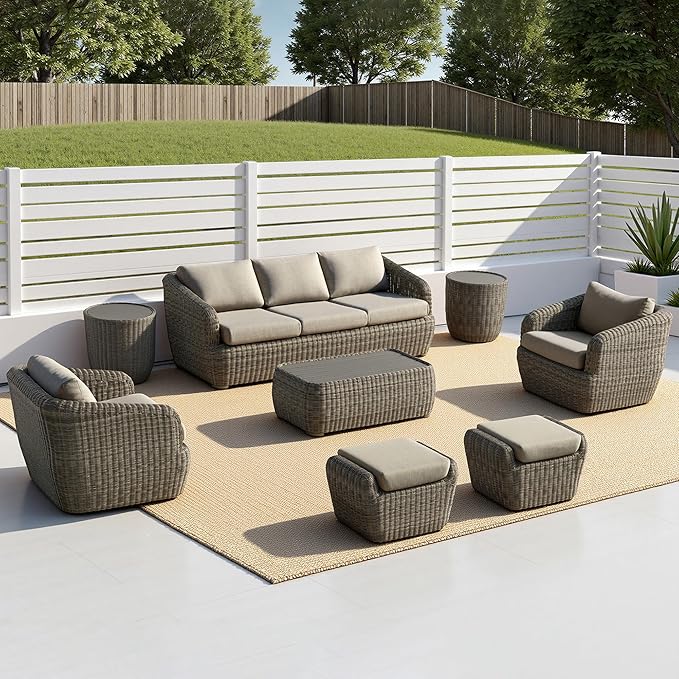 CHITA Wicker Patio Coffee Table, 41” All-Weather Rattan Outdoor Coffee Table with Wood-Grain Metal Top, Waterproof for Porch Backyard, Fully Assembled, Grey