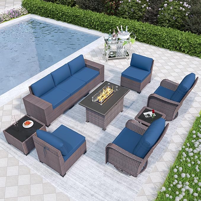 Patio Furniture Set 10 Pieces Outdoor Furniture Patio Conversation Set w/43in 55000 BTU Propane Fire Pit Table,PE Rattan Wicker 10 Pcs Outdoor Sofa Set w/Swivel Rocking Chairs,NavyBlue